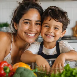 mãe e filho cozinhando