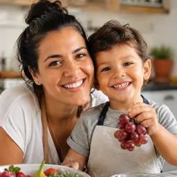 mãe e filho com uvas