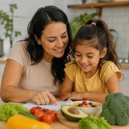 mãe e filha planejando uma refeição
