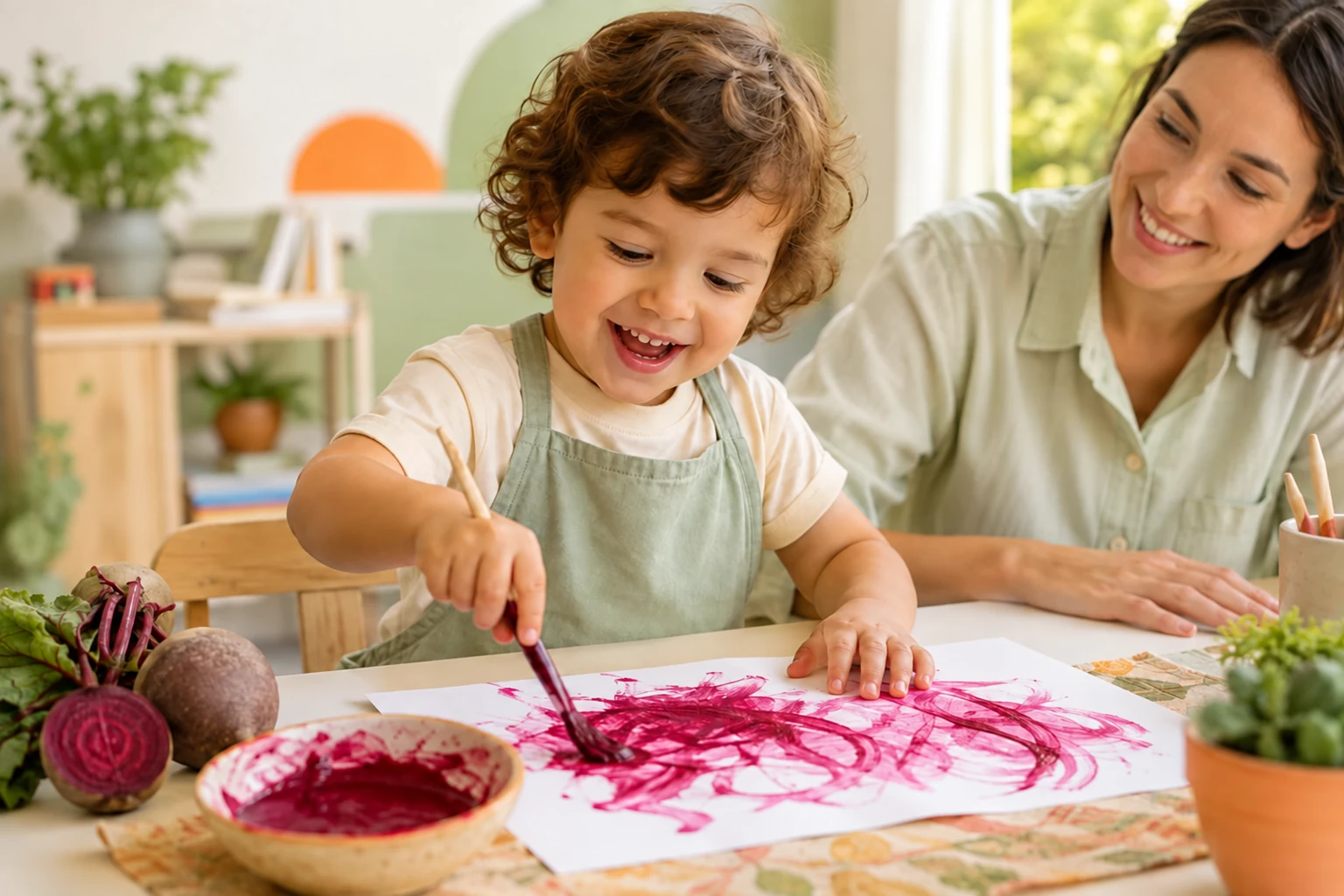 Criança pintando com tinta natural de beterraba